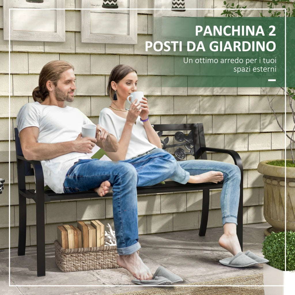 Panchina da giardino 2 posti in acciaio resistente per esterno e terrazzo, schienale decorato e braccioli, 127x50x75cm, nero