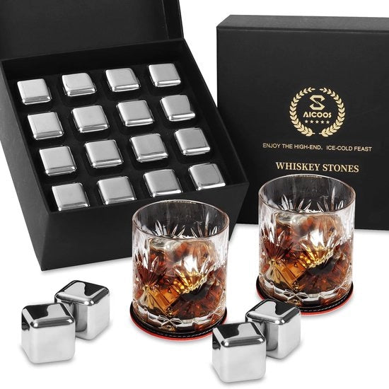 Set di blocchi di ghiaccio riutilizzabili in metallo - 16 blocchi di ghiaccio - Regalo divertente per adulti - Ideale per compleanni - Bianco - Pietre di ghiaccio