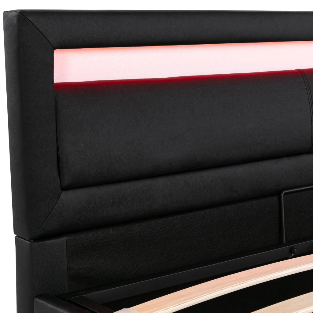 Letto imbottito 140 × 190 cm 2 posti con contenitore, LED e testiera, senza materasso, in PU, nero
