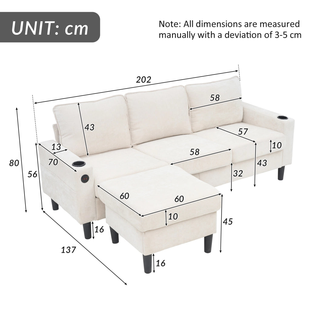 Divano angolare ULEVR 202x137x80 cm beige con pouf, USB, Type-C e porta bevande