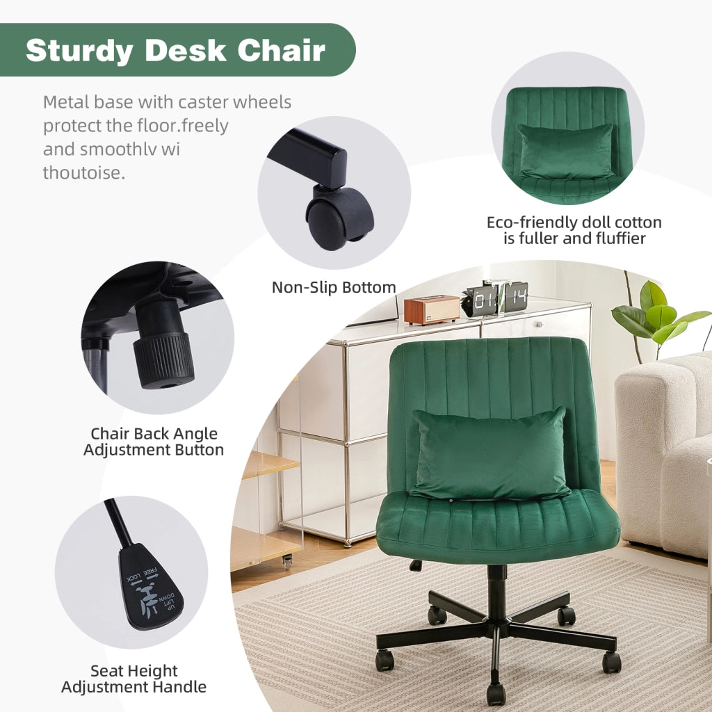 Sedia da ufficio per home office girevole e regolabile in altezza con ruote silenziose e cuscino in tessuto verde