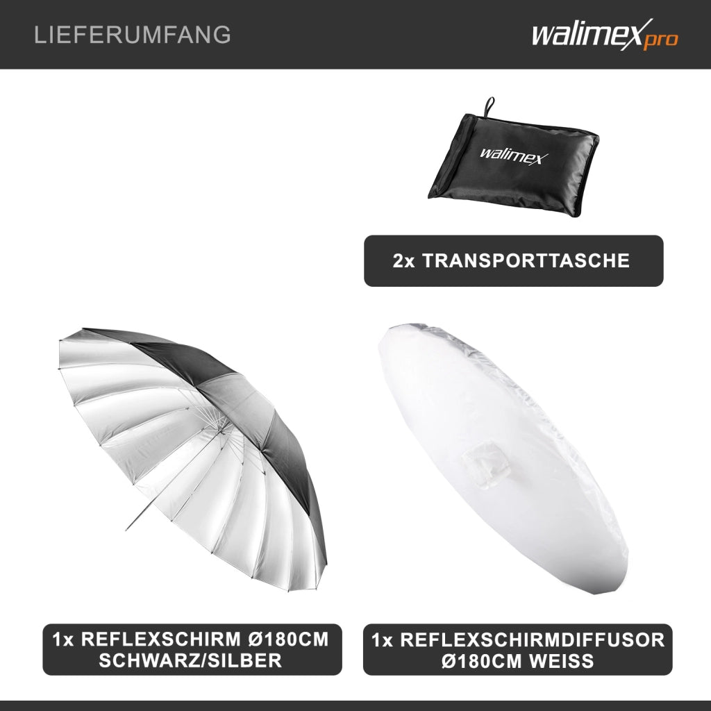Walimex Set di ombrelli reflex Ø180cm - Design 2-in-1 per risultati professionali: ombrello riflettente e softbox in uno, compatto e versatile per i viaggi