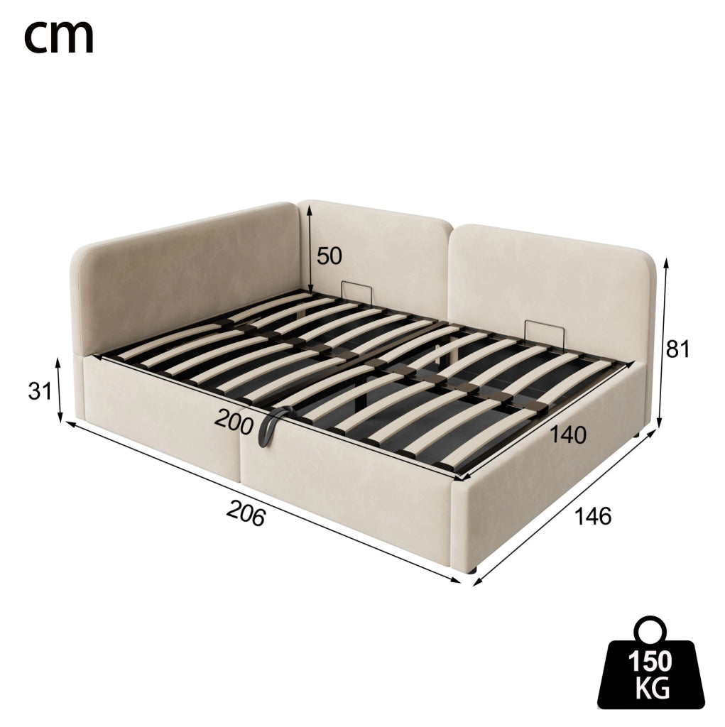 Divano letto imbottito 206x146x81 cm con contenitore idraulico; testiera reversibile in tessuto beige