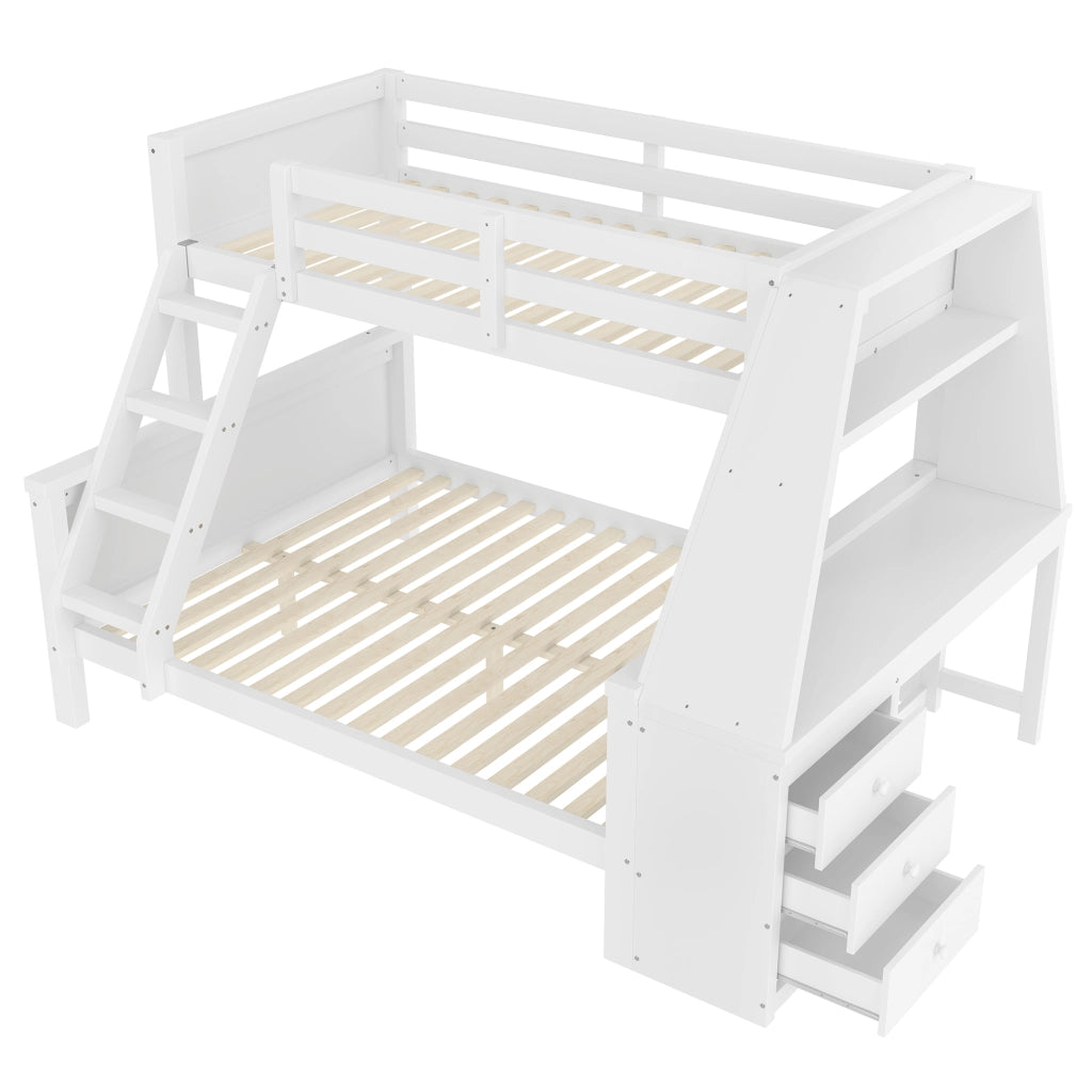 OKWISH Letto a castello 90×200 cm e 140×200 cm, Letto 3 Posti con Scrivania, Mensole e 3 Cassetti, senza Materasso, Bianco