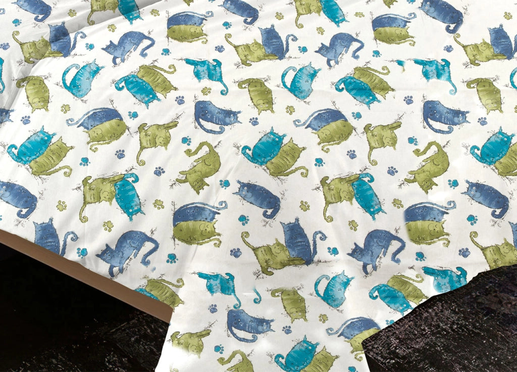 Sacco Copripiumino Piumone Letto In 100% Cotone Disegno Gatti Mod RP Micio Colorato Animali Made Italy - 2 Piazze - Blu