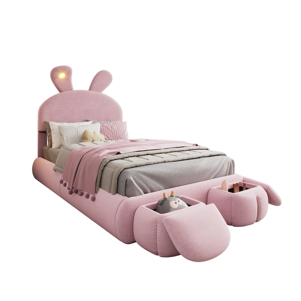 Letto Singolo 90x200 cm - LED Regolabile; 2 Pouf Contenitore e Testiera Regolabile - Rosa