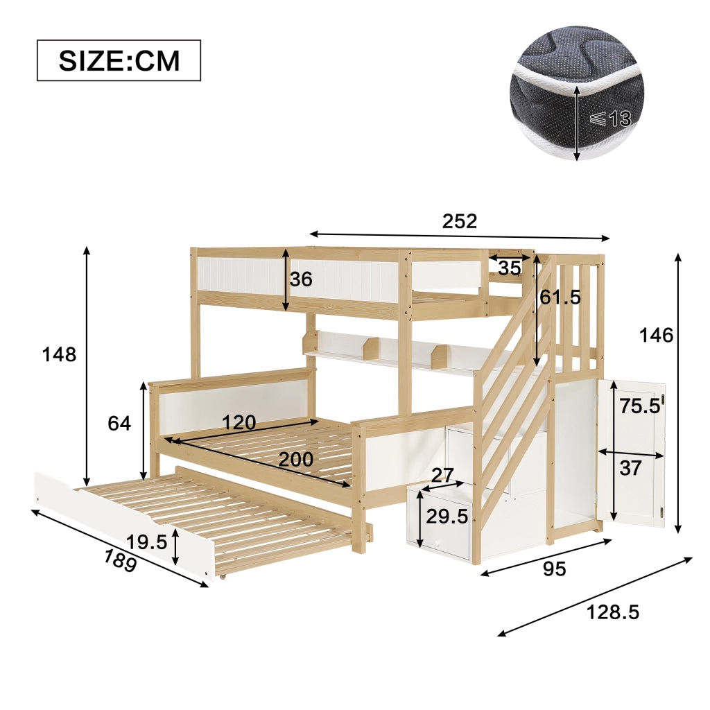 DESMIU Letto a castello per bambini 90 × 200 cm e 120 × 200 cm con letto estraibile, scala, armadio, senza materasso