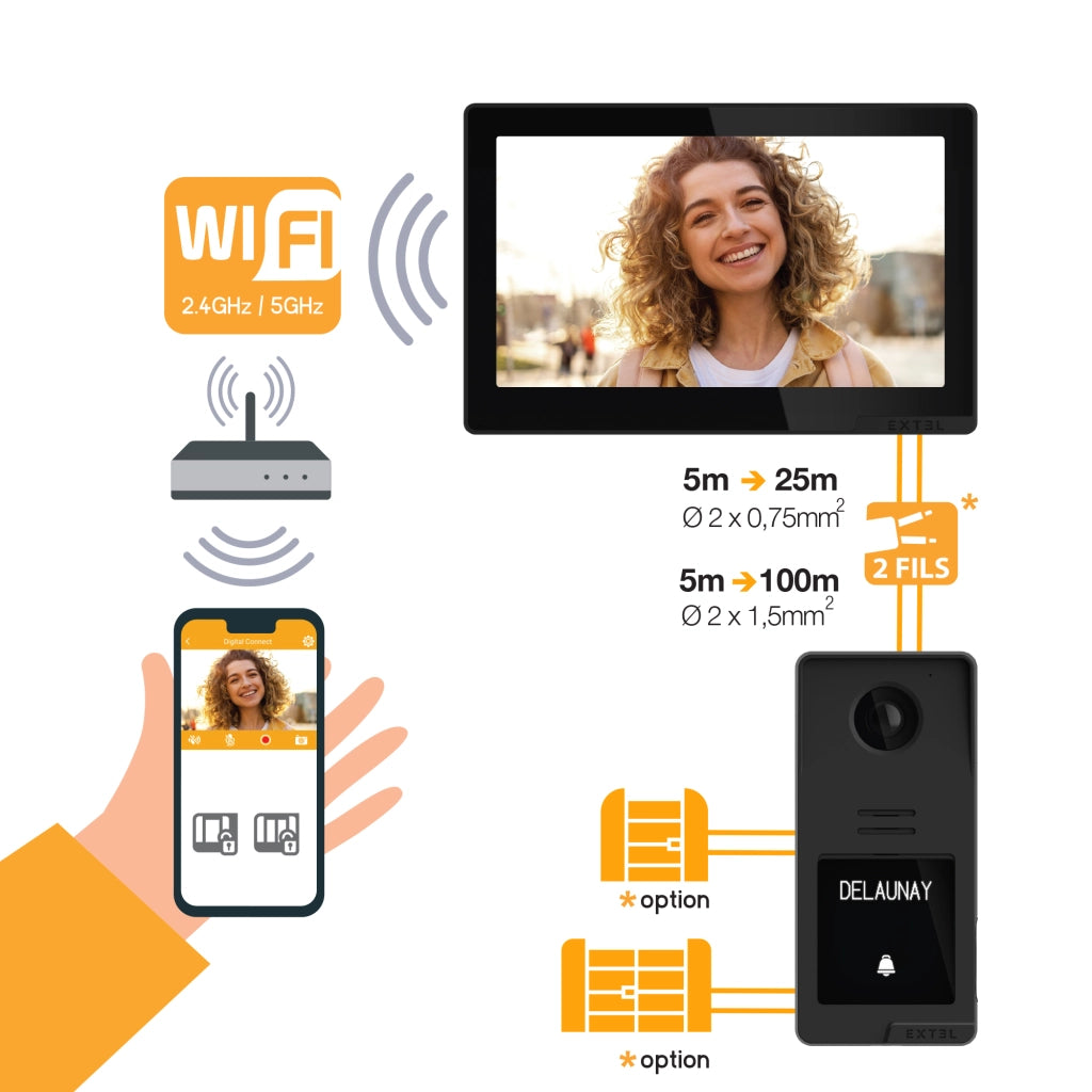 Videocitofono Smart Extel Digital Connect Wi-Fi, 7 Pollici Touch Monitor, 2 fili, Visione Notturna, Apertura da remoto + Cover Esterna Color Titanio