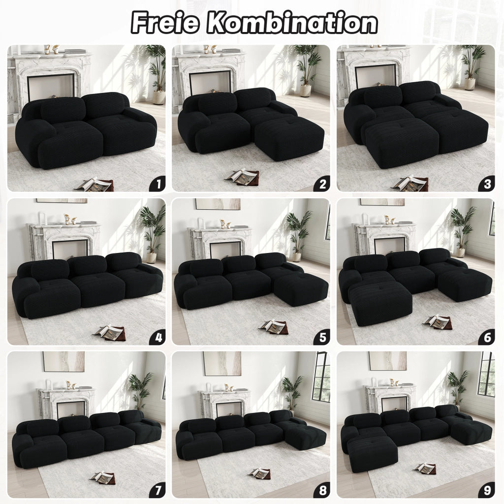 Divano angolare modulare senza struttura in velluto a coste nero 208x103x70 cm