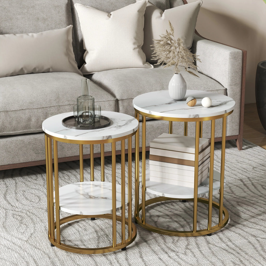 TAVOLINI da salotto Set da 2 pezzi Effetto marmo Bianco in legno e metallo