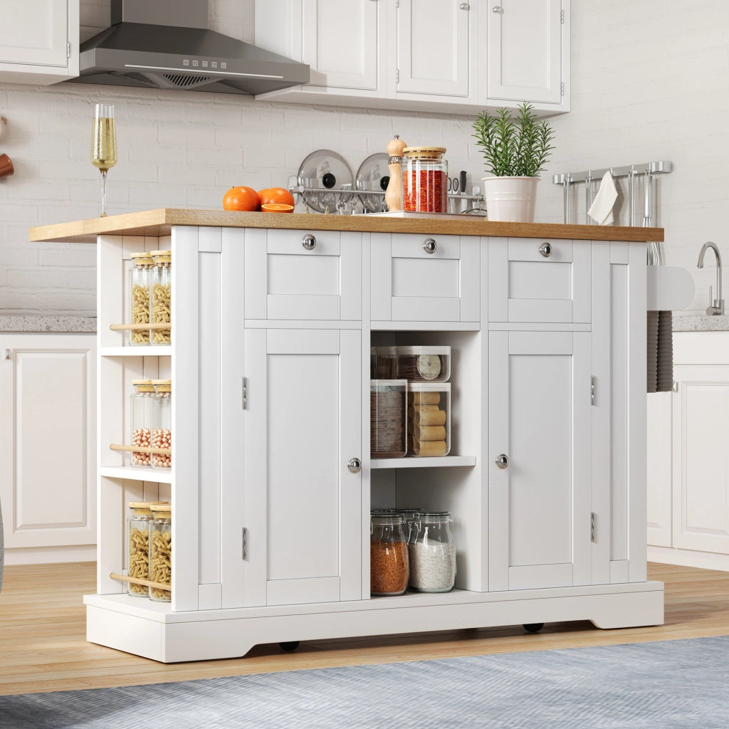 Isola cucina mobile 132x40(70)x87 cm con piano ribaltabile; prese integrate in MDF bianco e naturale