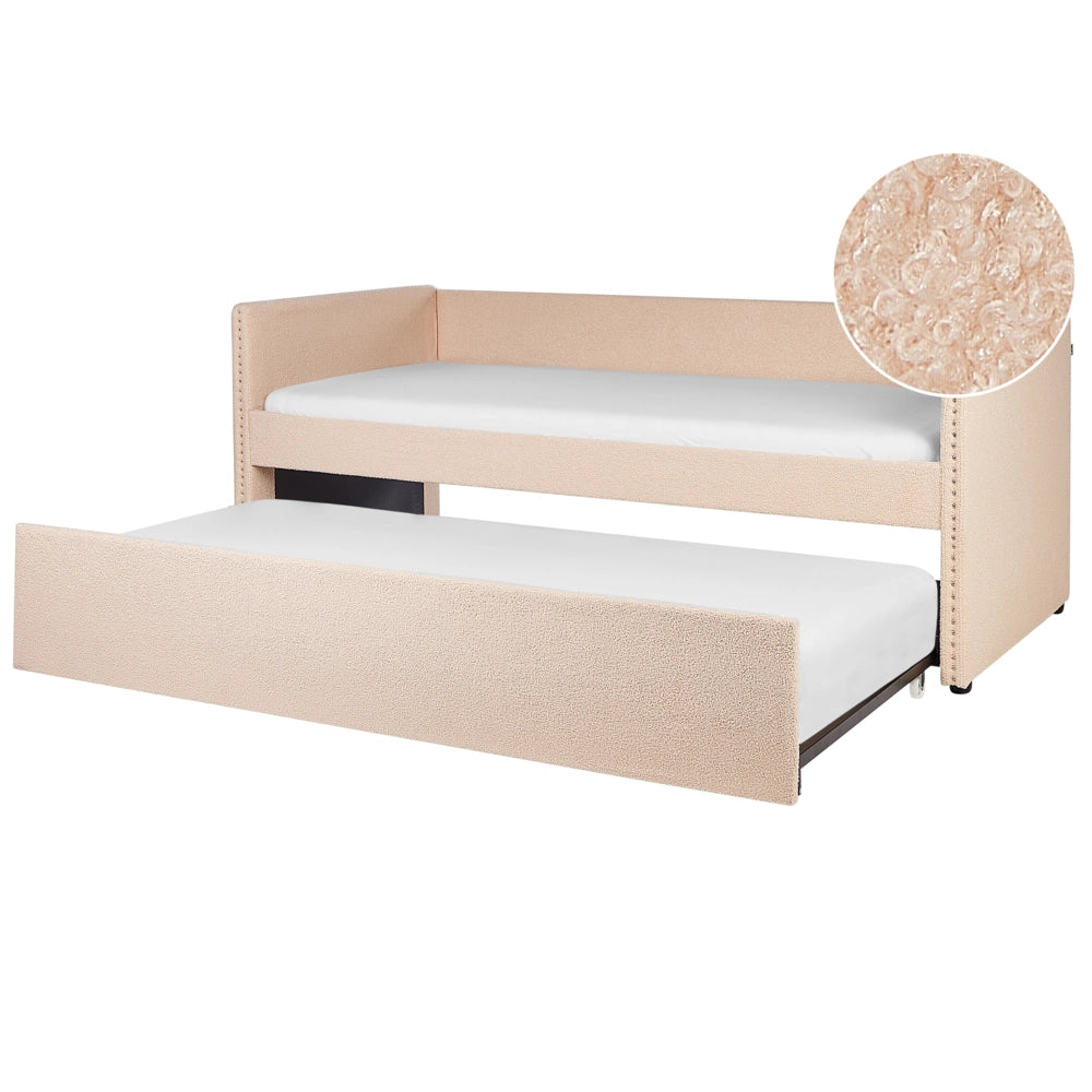 Letto estraibile 90 x 200 cm Bouclé Rosa Pesca Singolo doghe in legno Daybed Glamour Borchie decorative