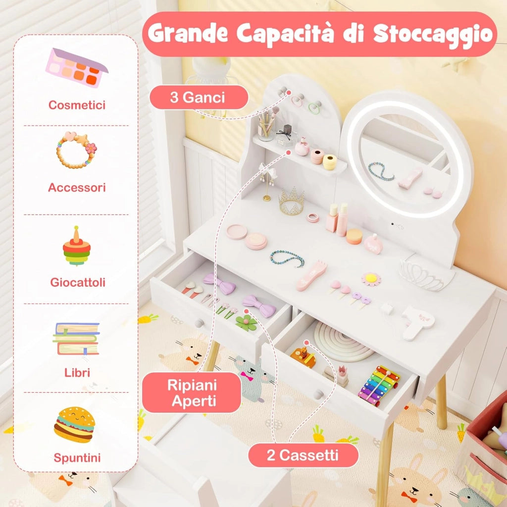 Set Toeletta Trucco per Bambini con Specchio Illuminato, Set Tavolo e Sedie con Ripiano Aperto, Ganci e Cassetti, Mobile da Leggere, Disegnare e Scrivere per Cameretta, Bianco