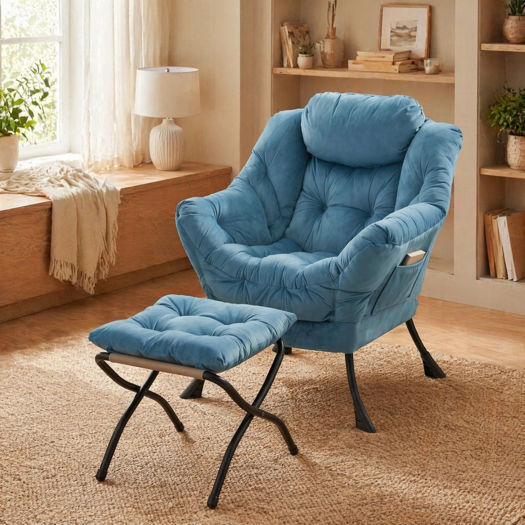 SEDIA Relax con Pouf Blu in Tessuto e Metallo