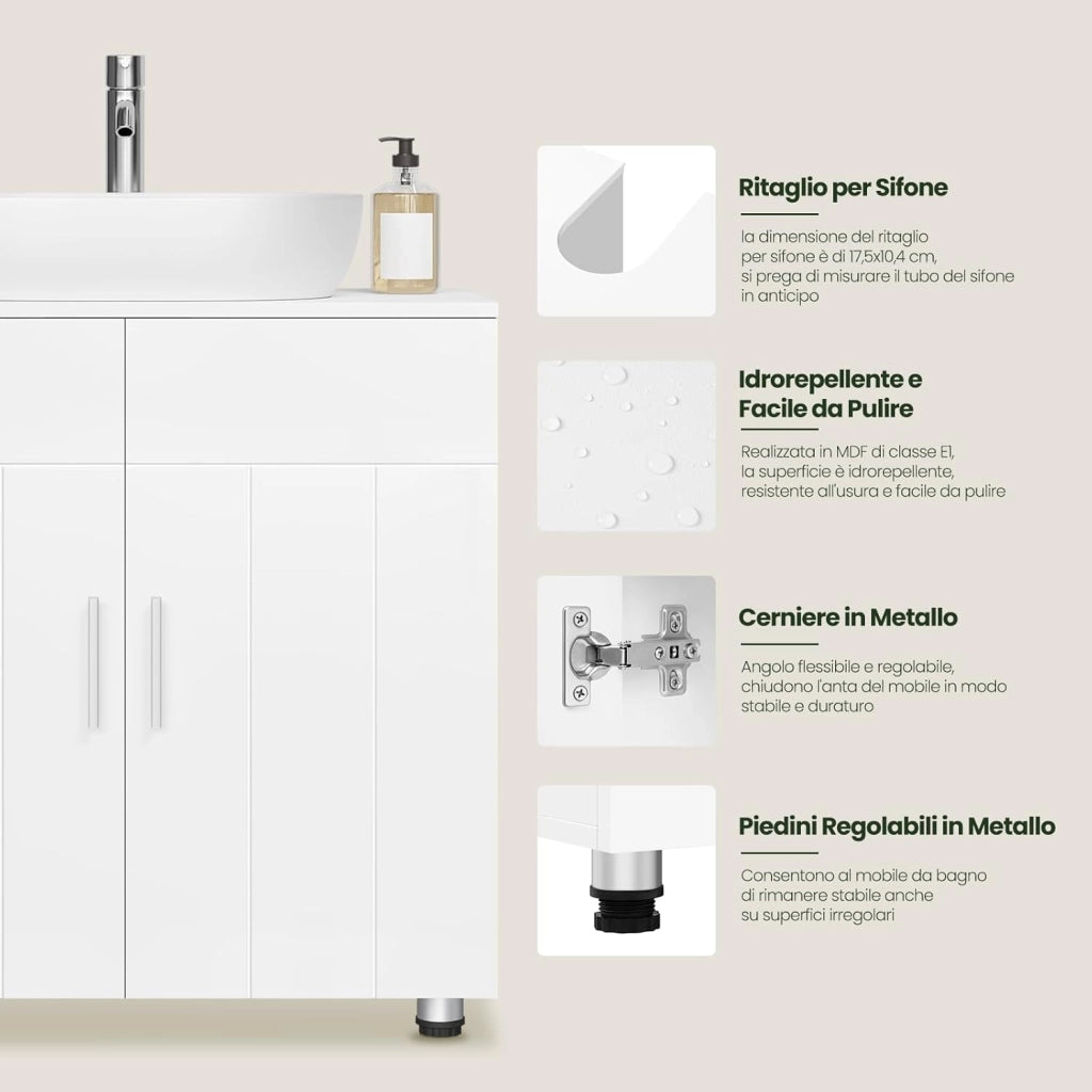 Mobile Sottolavabo per Bagno in MDF, Armadietto Salvaspazio con Ripiano Regolabile Mobiletto, Mobile Copricolonna con Maniglie e Gambe in Metallo, Bianco, Argento, 60x30x60cm