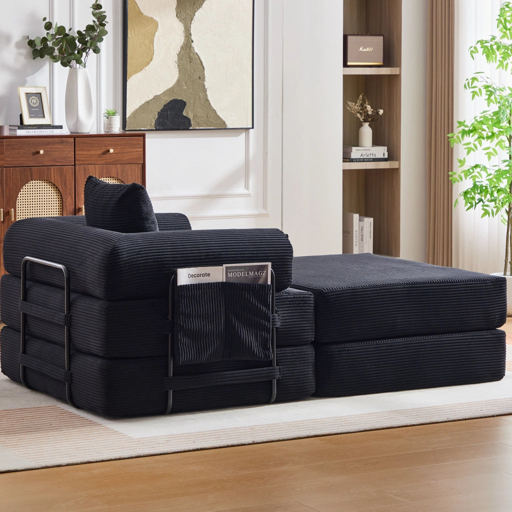 DIVANO Modulare 112x190x67 cm in tessuto a coste Nero con cuscino e pouf