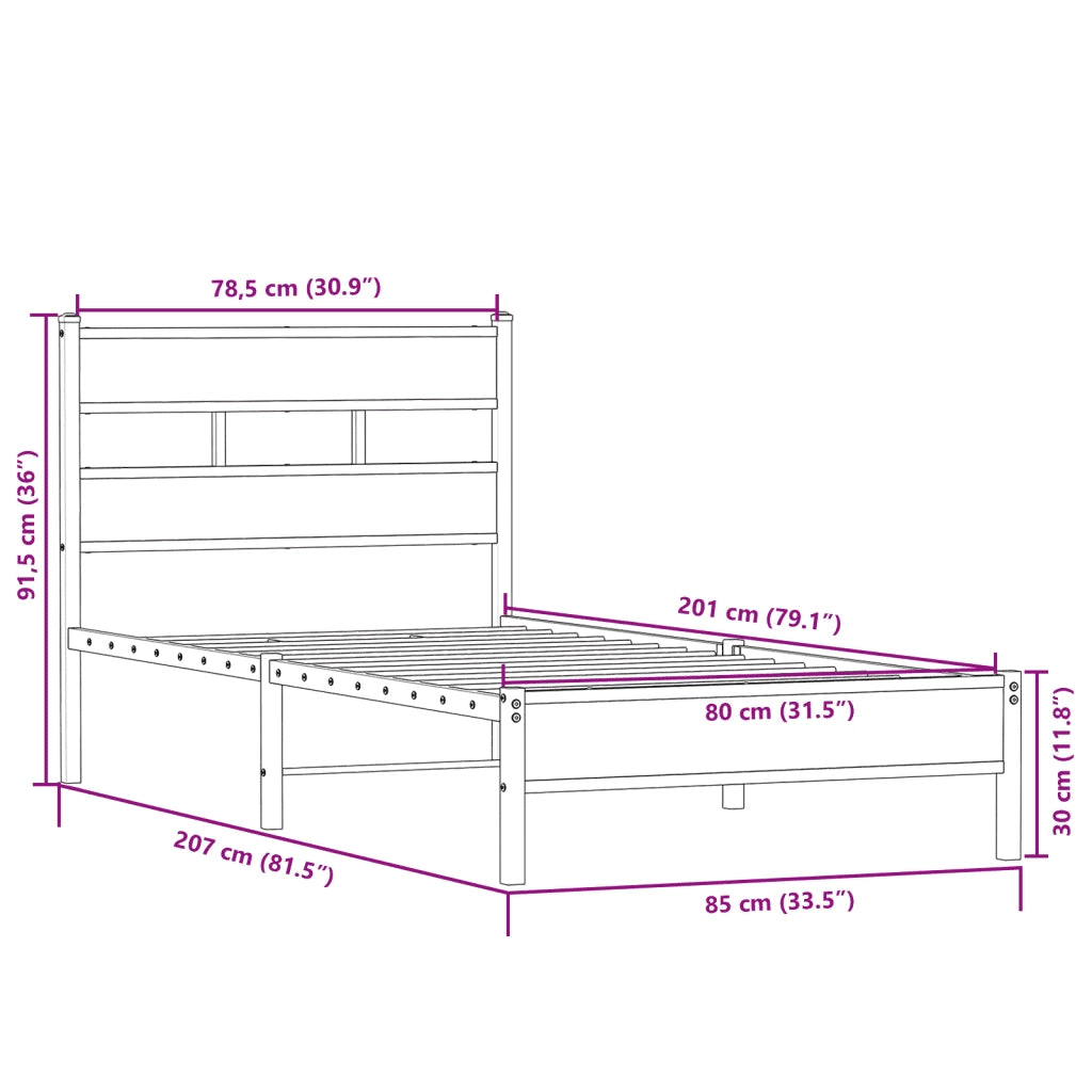 Letto singolo | Letto per adulti | Giroletto senza Materasso Rovere Sonoma 80x200 cm in Truciolato