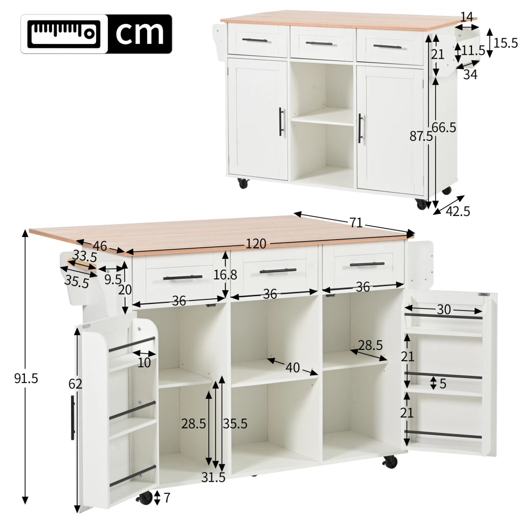 Carrello da cucina con piano ribaltabile e cassetti, bianco