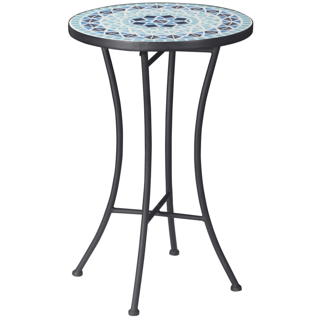 Tavolino da Giardino Rotondo in Metallo con Piano in Ceramica, Design a Mosaico, §¶35.5x53.5cm, Blu