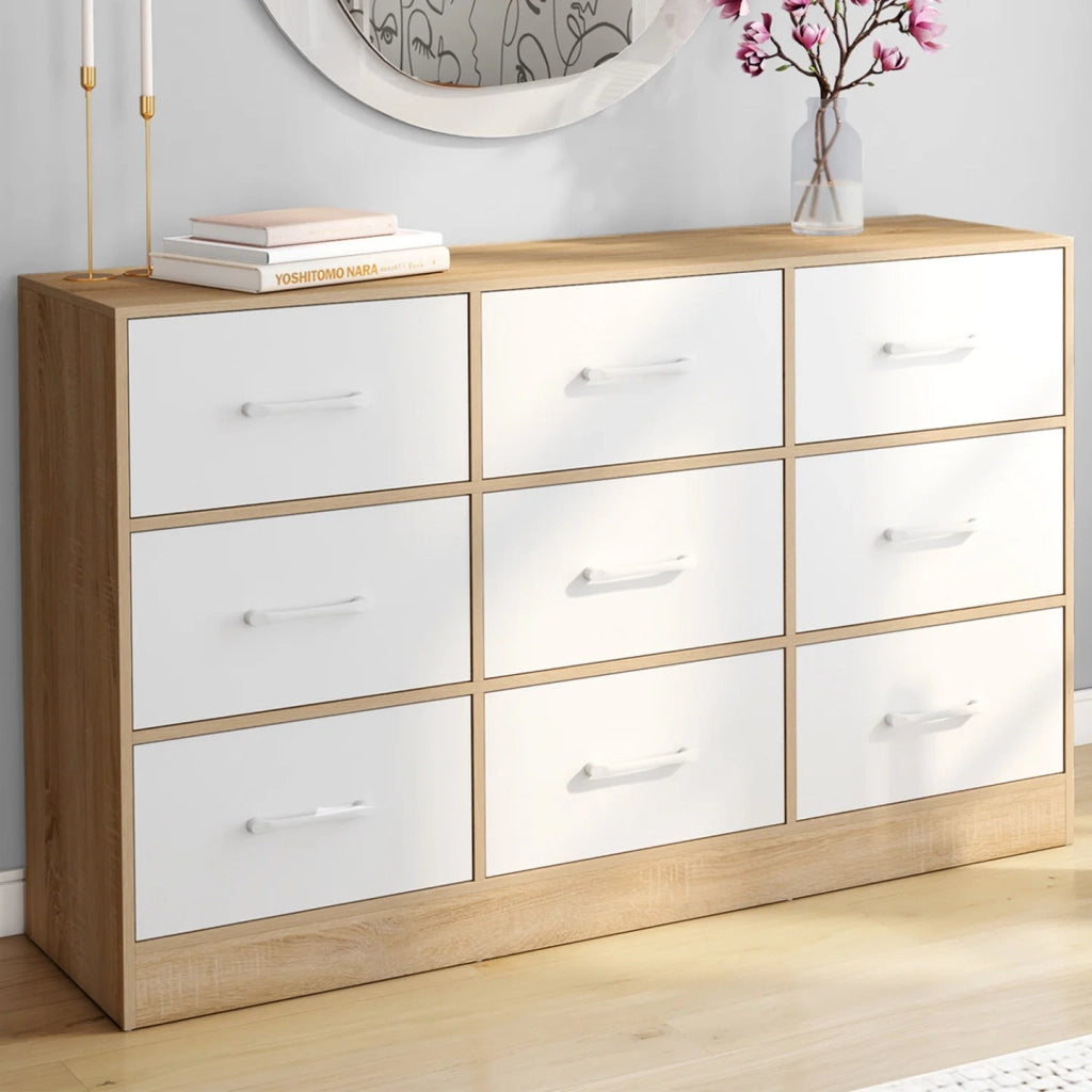 IDMarket - Cassettiera in tessuto a 9 cassetti UPPAH 113 cm in faggio e bianco