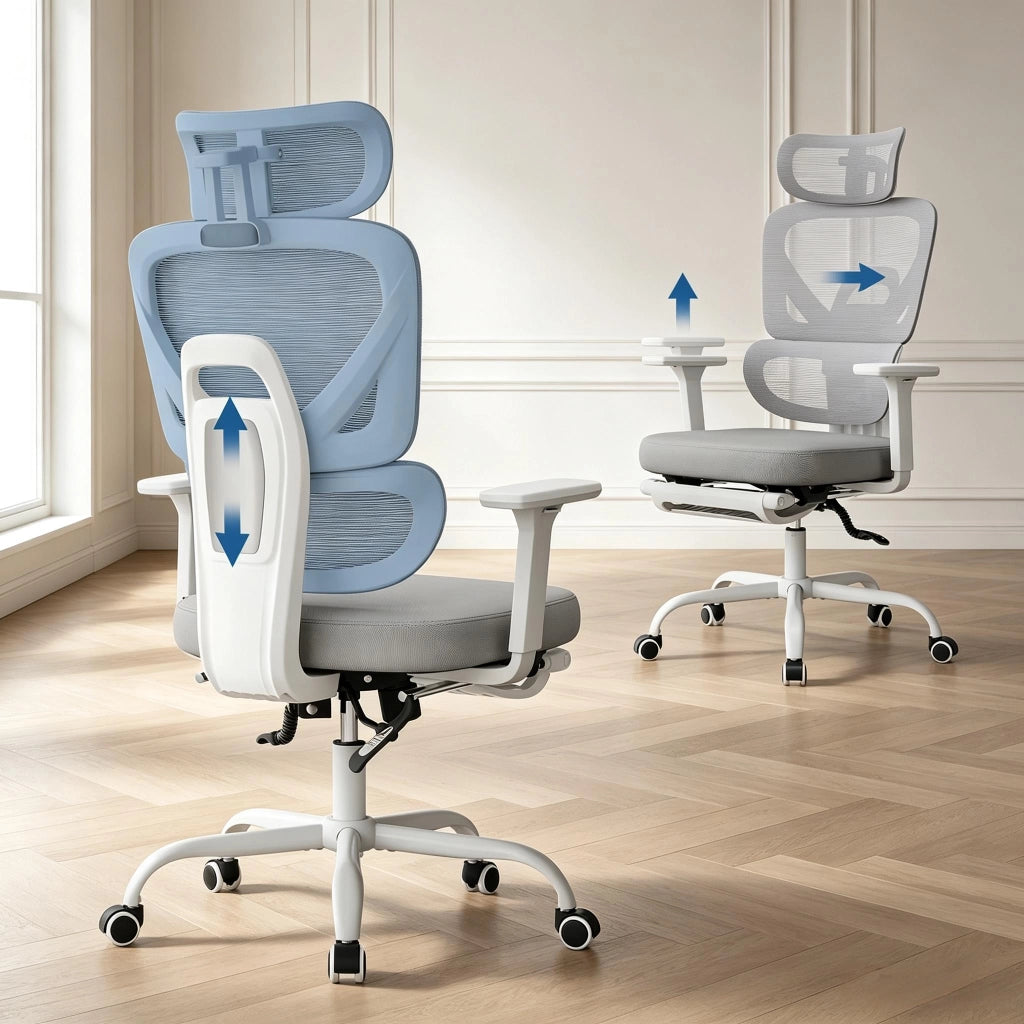Sedia da ufficio ergonomica girevole con poggiapiedi pieghevole, braccioli 3D e poggiatesta 3D in rete grigia