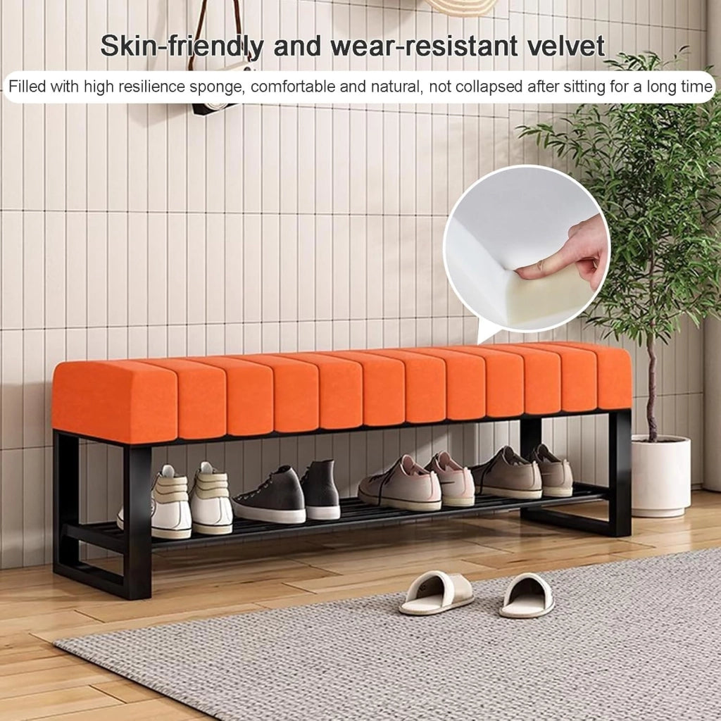 scarpiera Panca per Scarpe da Ingresso con Contenitore, Panca Imbottita con Scarpiera a 2 Ripiani in Boucle Arancione, Panca a Fine Letto per Camera da Letto per Armadio Corridoio Soggiorno Fango