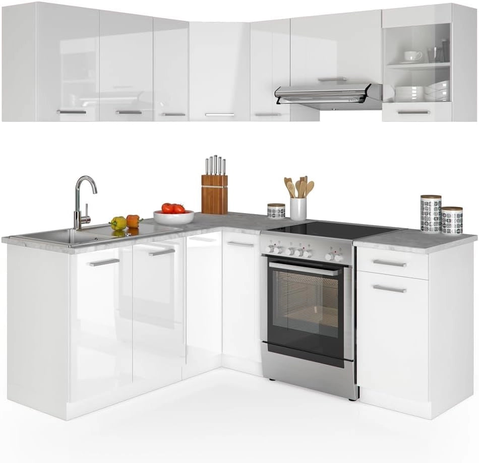 Cucina angolare completa Rick, Bianco lucido/bianco, 190 x 60 cm, PL Marmo, con elementi modulari espandibili per una pianificazione flessibile della cucina