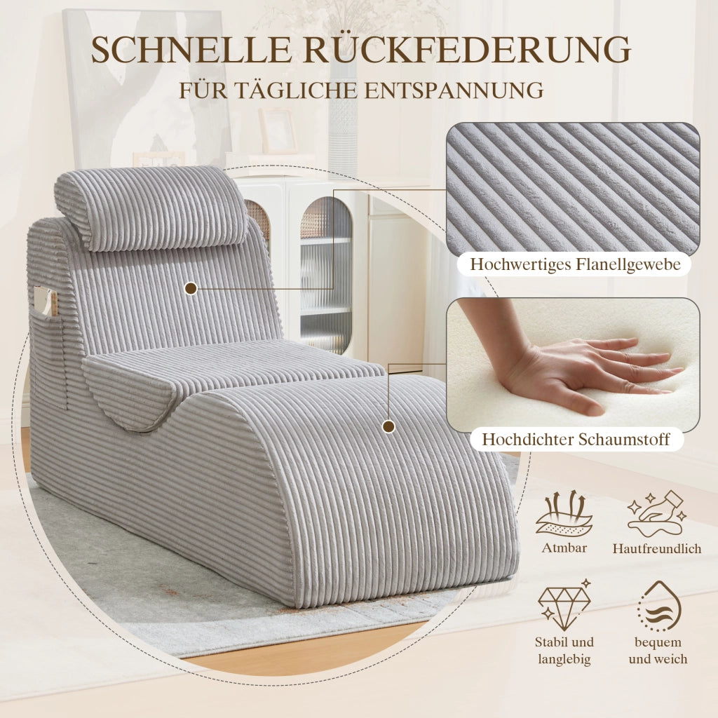 Poltrona ergonomica a compressione rapida con cuscino removibile e tasca laterale in tessuto a coste grigio chiaro