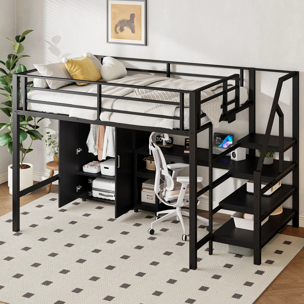 LETTO A CASTELLO 140x200 cm Nero in metallo con scrivania, armadio e ripiani