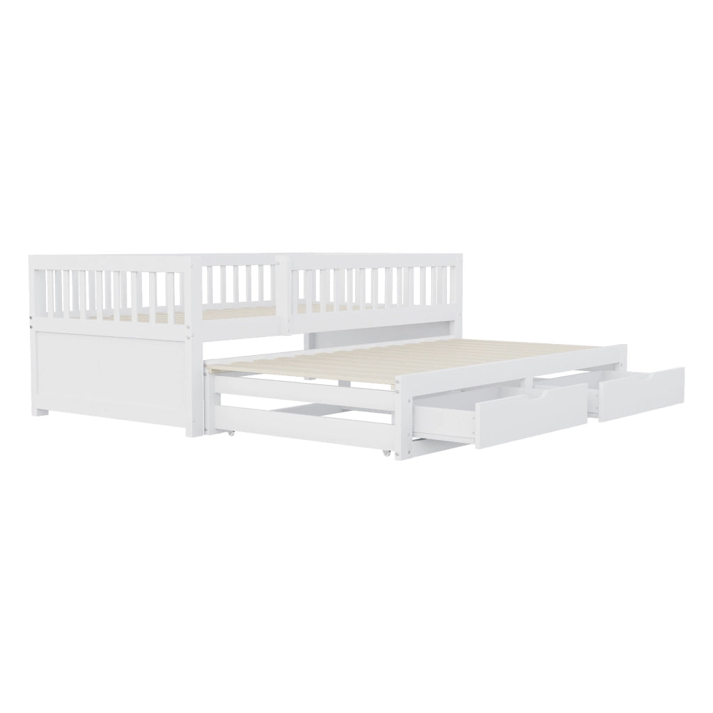 Letto estraibile singolo 90×200 cm con 2 cassetti; sponde di sicurezza e rete; senza materasso; legno; bianco