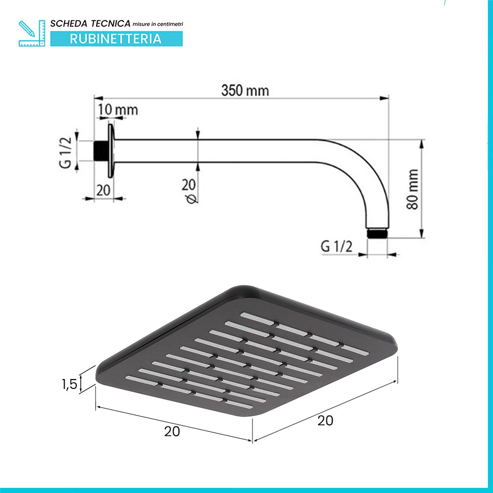 Set Soffione doccia 20 x 20  cm e braccio di 35 cm in finitura nero anticalcare Hidra