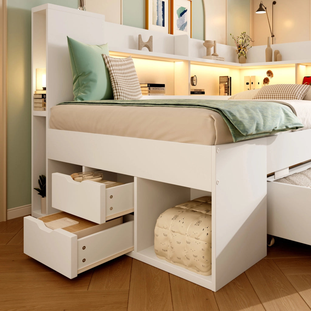 Letto singolo 90x200 con LED, USB-C, cassetti e mensole