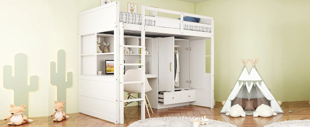 Letto a castello bianco con scrivania contenitore armadio e cassetti in legno 90x200 cm