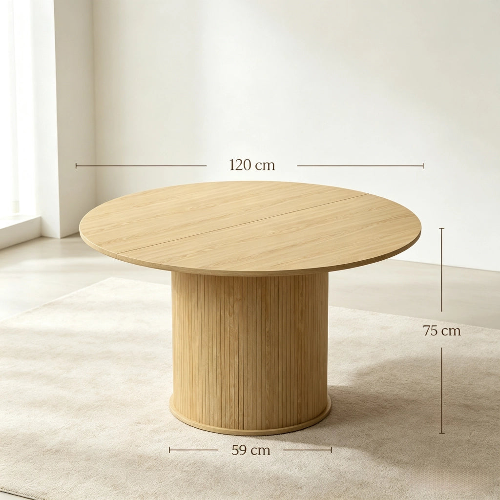 Tavolo da pranzo rotondo per 4-6 persone con base cilindrica scanalata in MDF e truciolare naturale 120 × 120 × 75 cm