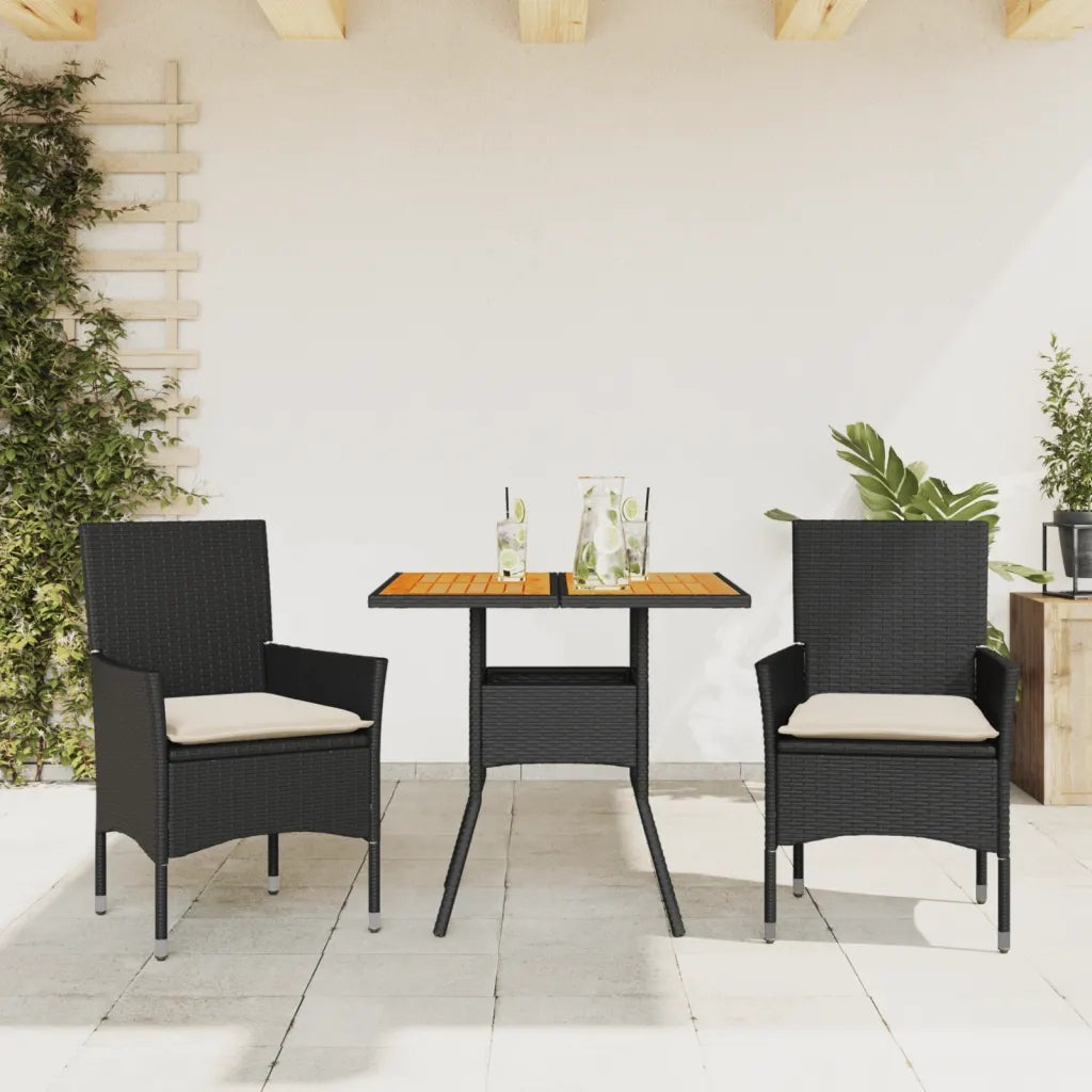 Set Pranzo da Giardino 3 pz | Set Salotto da Giardino con Cuscini Nero Polyrattan Acacia