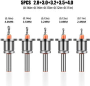Set 5 in 1 composto da un foro a 8 mm con guaina di rame, un foro con testa di alluminio, un foro a cono, un foro a spirale per lavorazione del legno e un foro per l'installazione di viti.