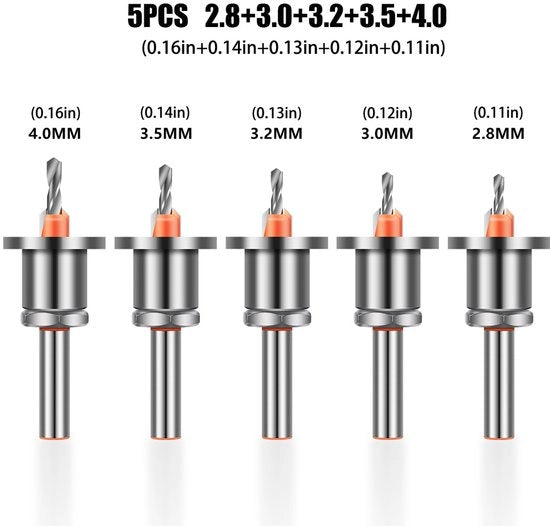 Set 5 in 1 composto da un foro a 8 mm con guaina di rame, un foro con testa di alluminio, un foro a cono, un foro a spirale per lavorazione del legno e un foro per l'installazione di viti.