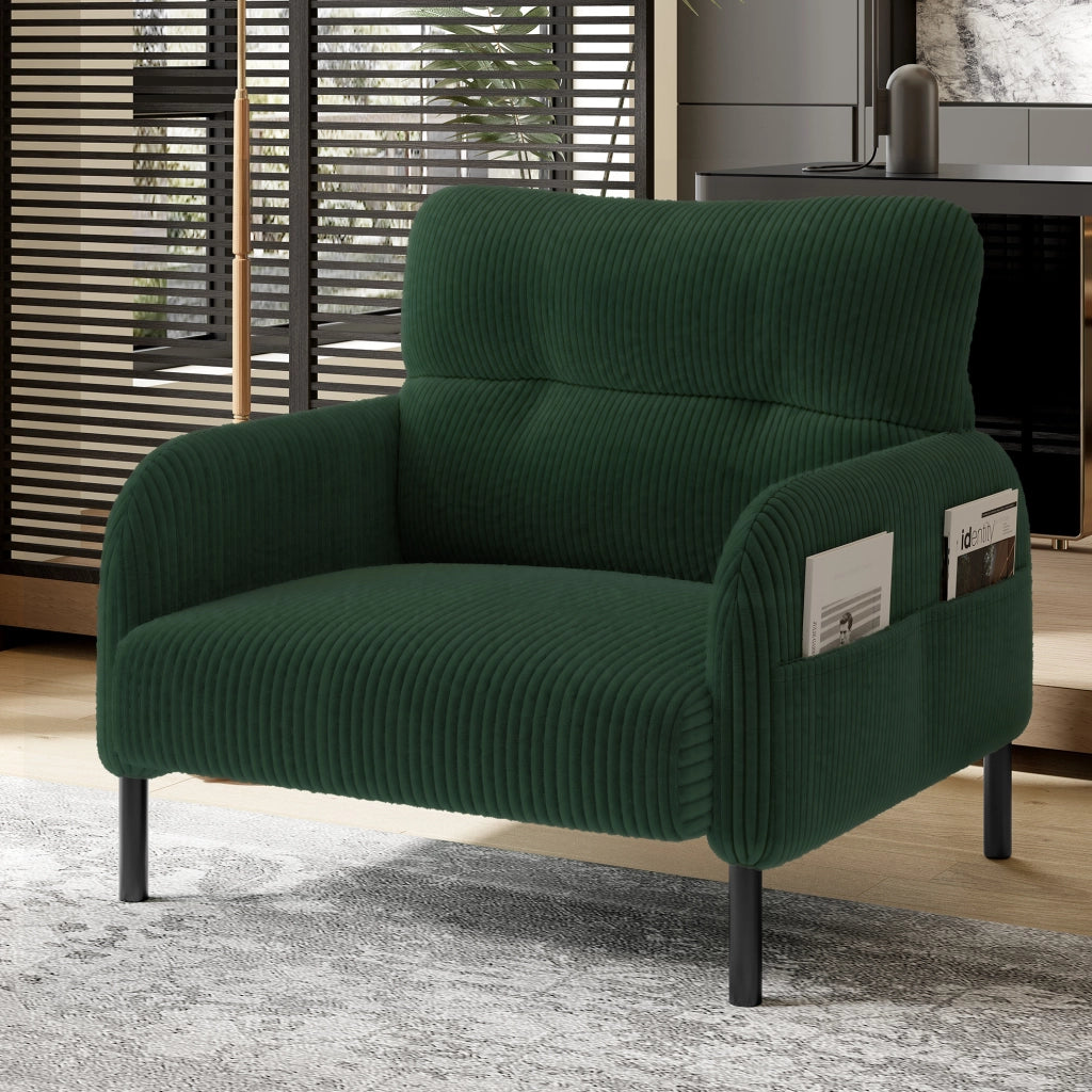 Poltrona singola in corduroy verde smeraldo con tasca laterale; 67 x 75 x 79 cm