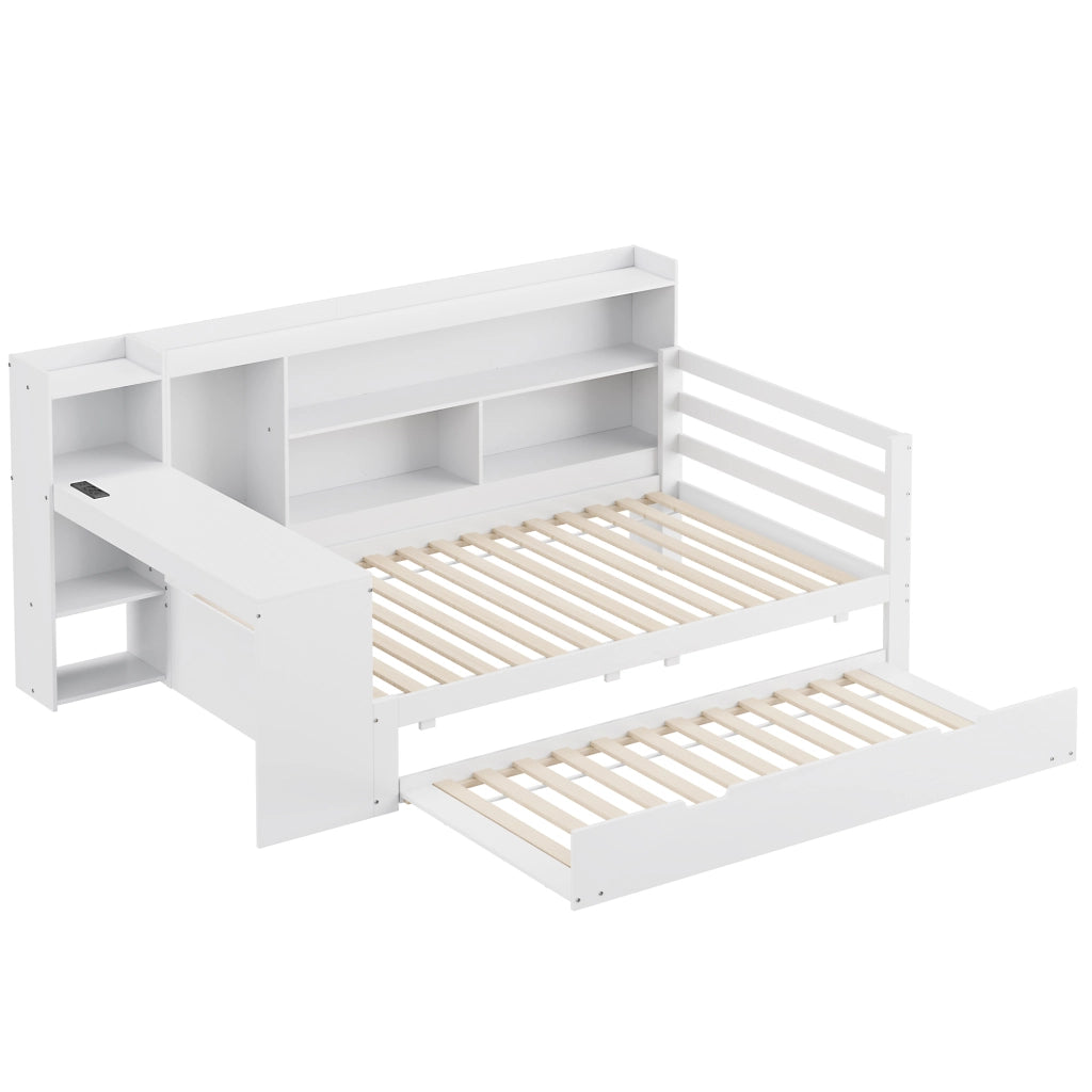 LETTO multifunzione 90x200 cm in legno massello bianco con scrivania e scaffali
