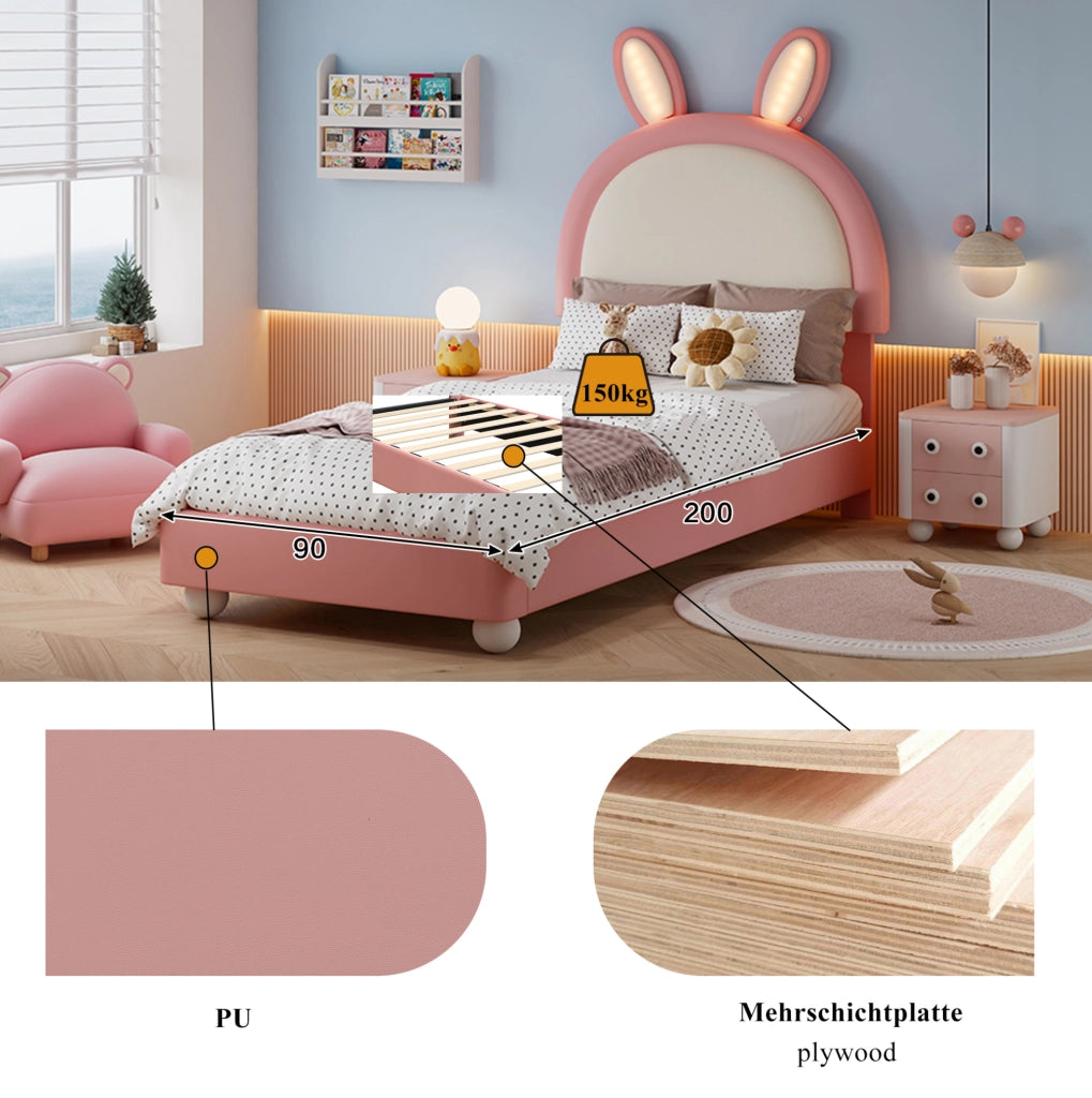 Letto imbottito per bambini con testiera a forma di coniglio e LED