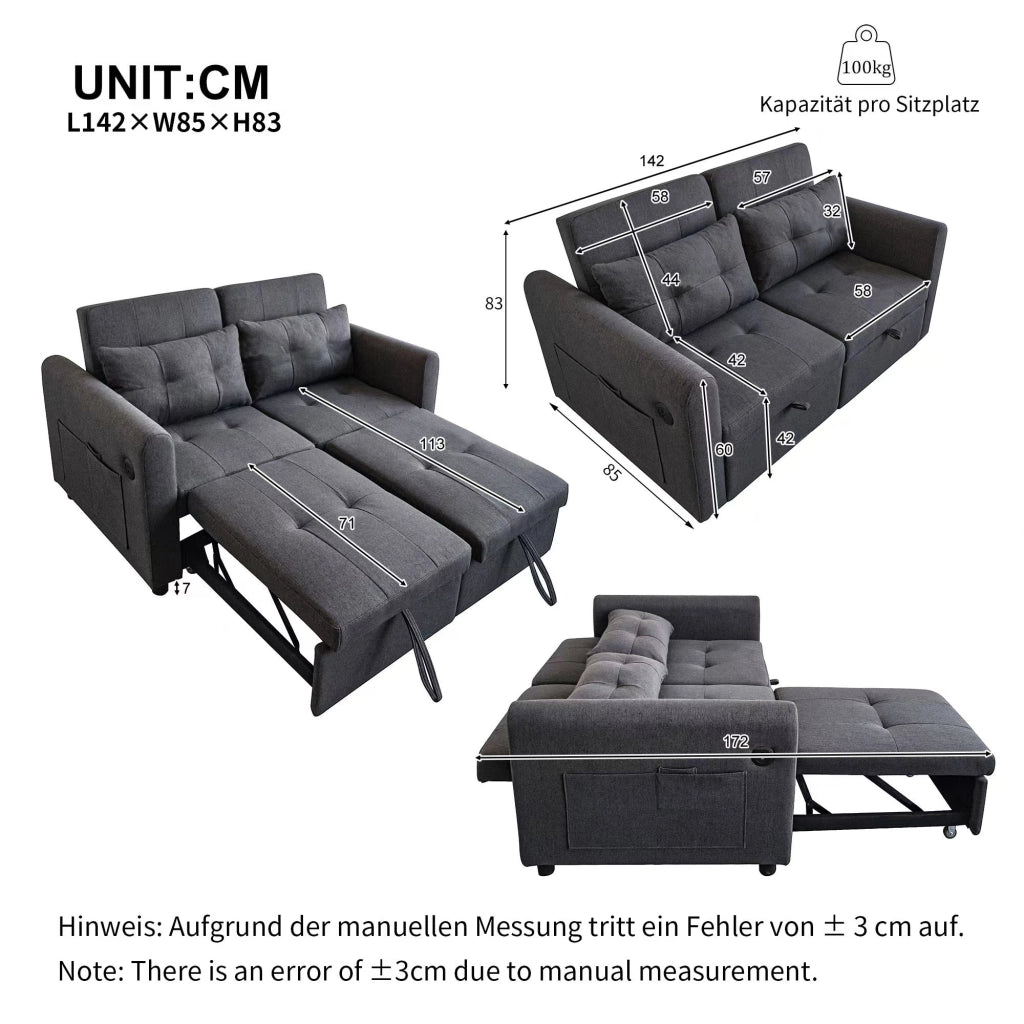 Divano letto 2 posti con schienale regolabile; porte USB; tasche laterali e cuscini; in cotone e lino grigio