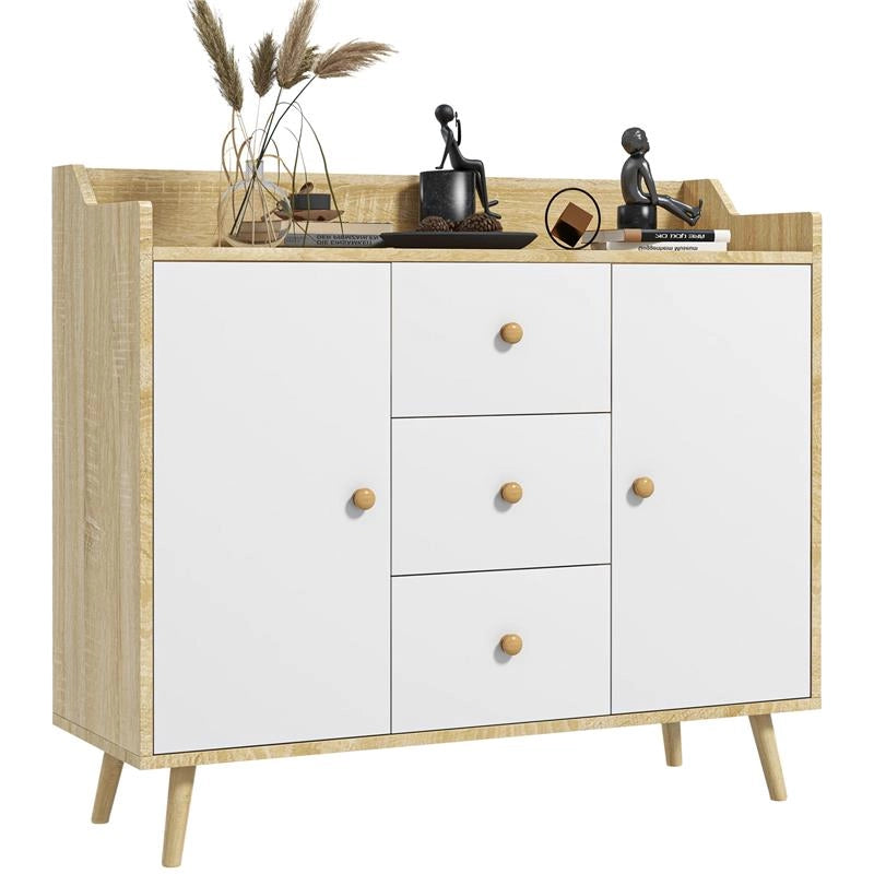 CREDENZA MODERNA IN TRUCIOLATO E LEGNO DI PINO CON 3 CASSETTI E 2 ARMADIETTI A 2 LIVELLI, 90X32X80A CM