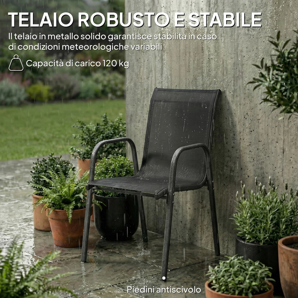 Set 4 Sedie Impilabili e Traspiranti 51x69x87 cm con Braccioli e Schienale Alto in Metallo e Poliestere Nero
