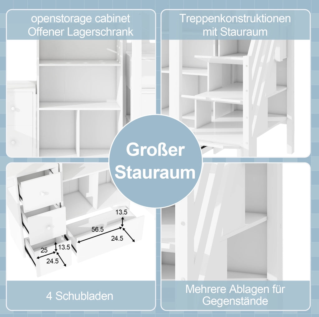 Letto a soppalco per bambini 90x200 cm con scrivania bianco
