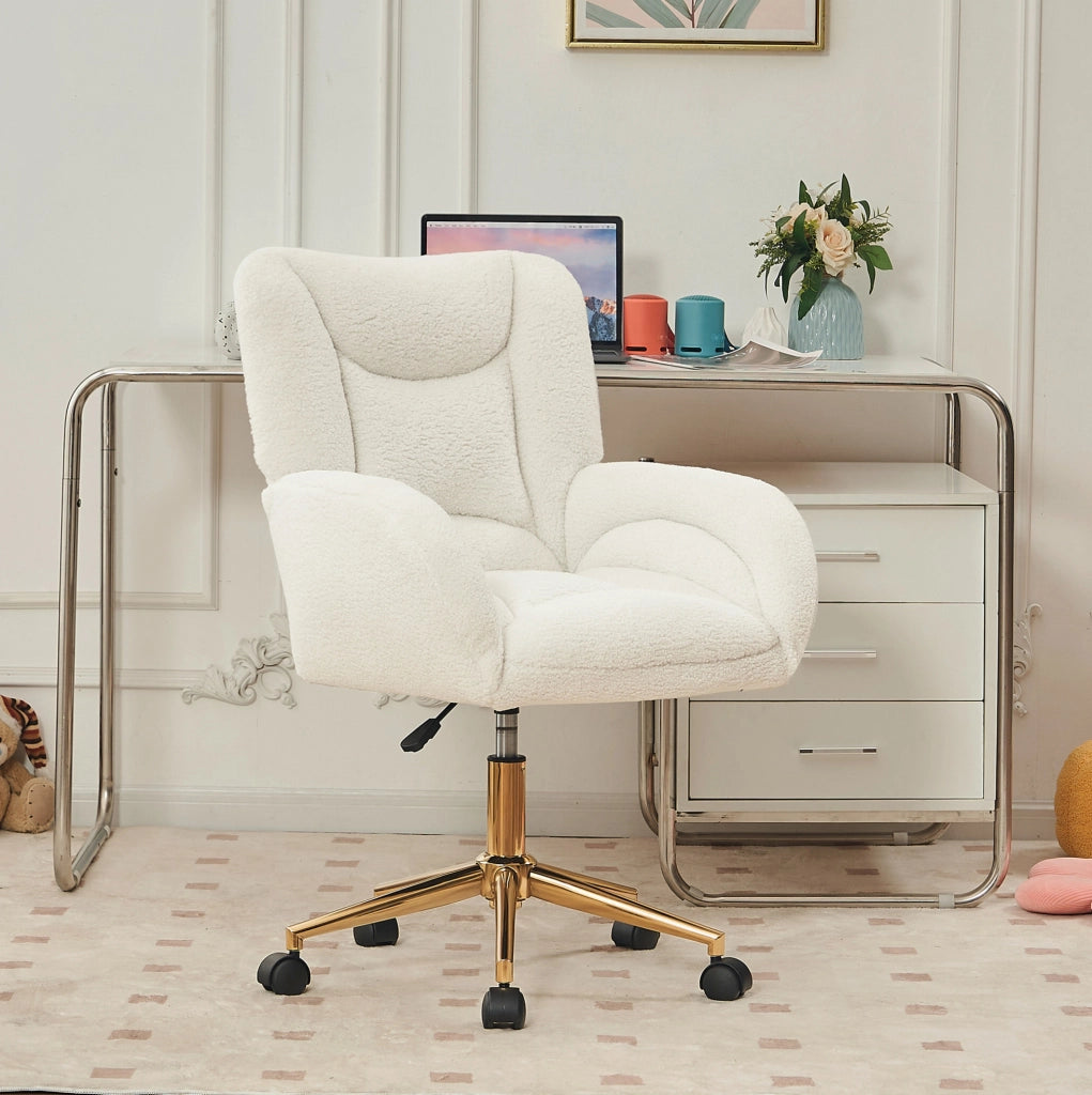 Sedia da ufficio regolabile in altezza in tessuto Teddy bianco con base dorata