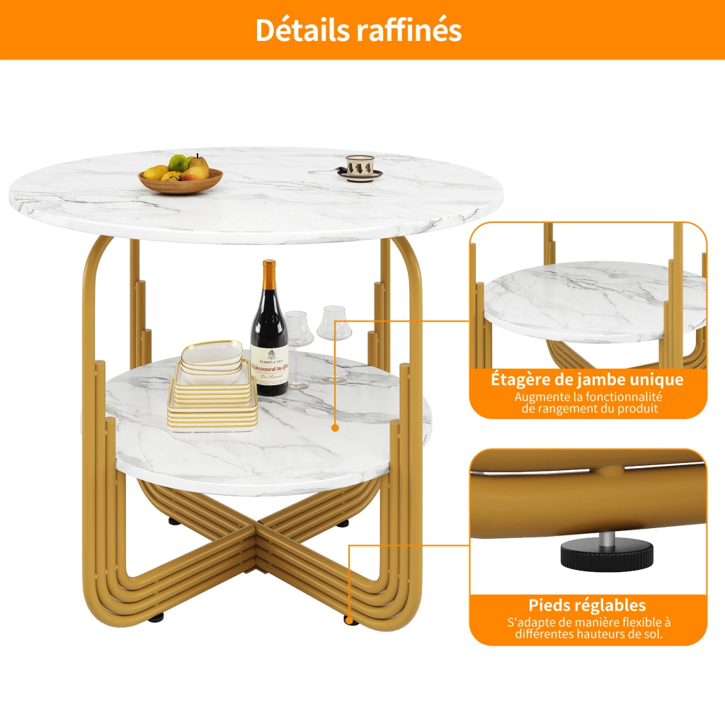Tavolo da pranzo rotondo con piano in MDF effetto marmo, base dorata, per soggiorno e sala da pranzo, 80 × 80 × 76 cm