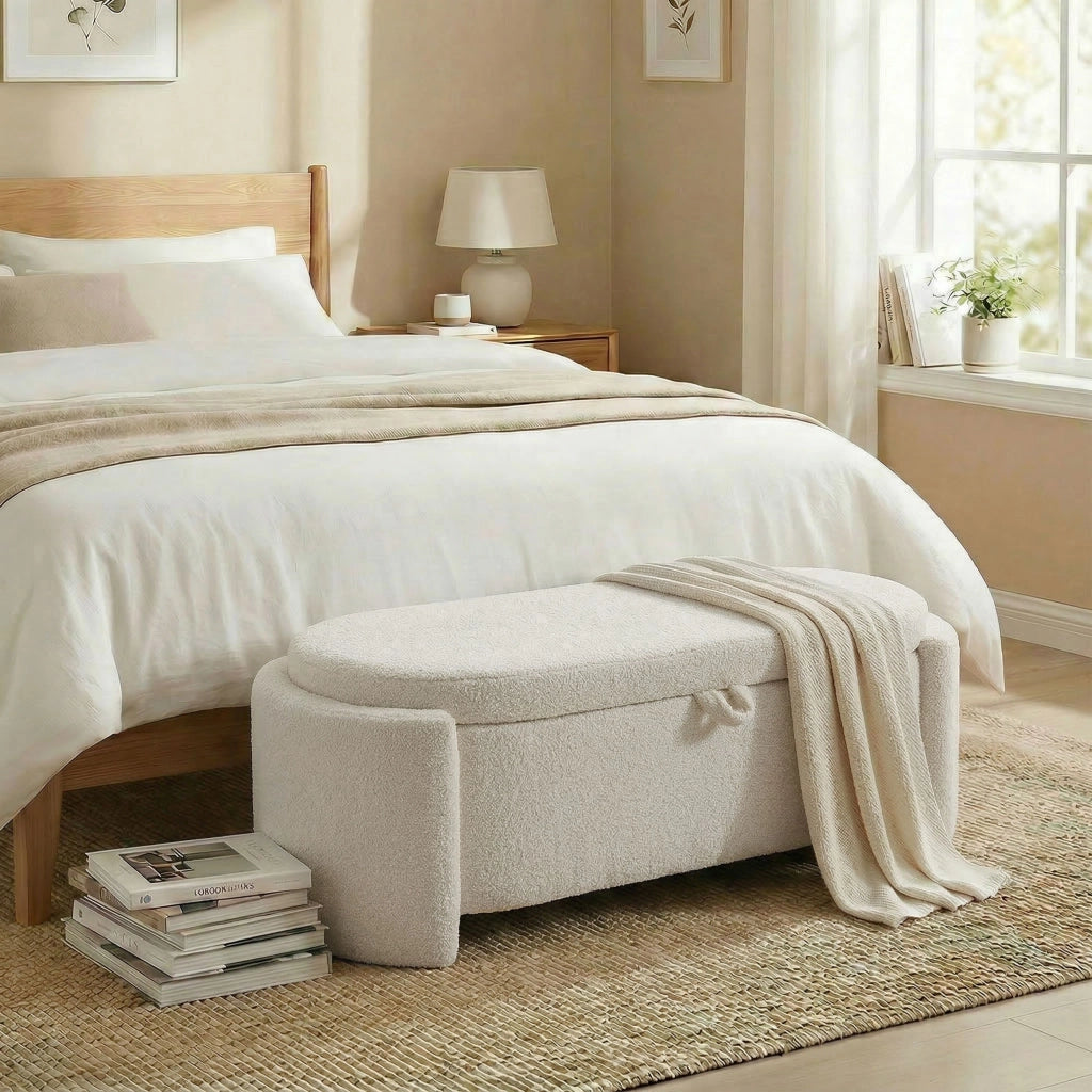 Pouf contenitore ovale imbottito in tessuto ¨C zephmum ¨C crema 129x48.5x44 cm