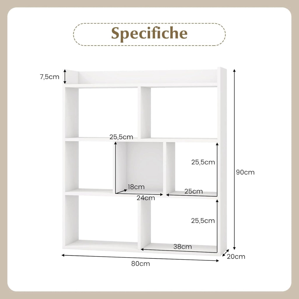 Libreria a Cubi con 7 Scomparti, Mensola Espositiva per l'Archiviazione, Libreria in Legno con Dispositivi Anti-Ribaltamento, per Studio Soggiorno, 80x20x90 cm (Bianco)