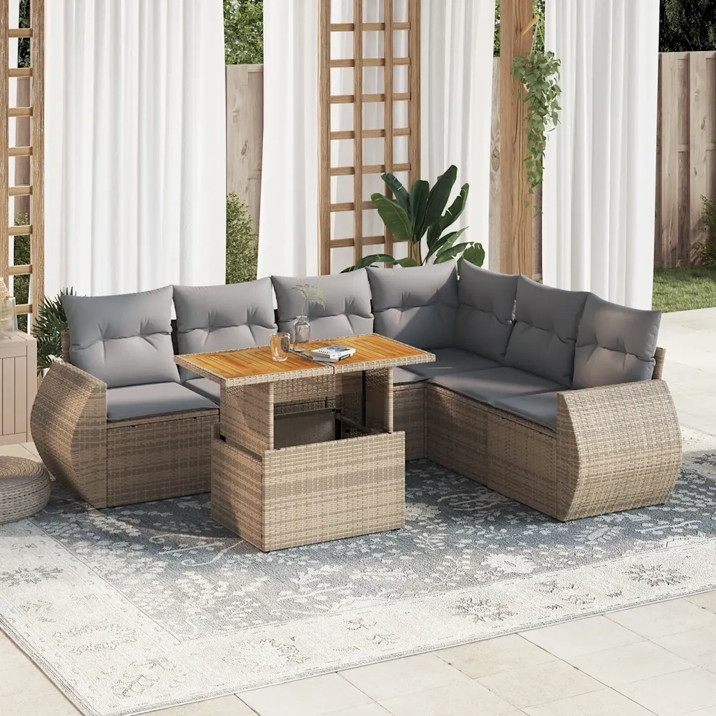 Set Divani da Giardino 7 pz con Cuscini Beige in Polyrattan