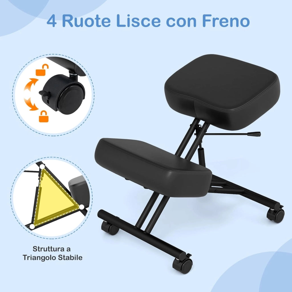 Sedia Ergonomica per Correzione Posturale, 4 Ruote Bloccabili e Supporto per Ginocchia, Sedia da Lavoro con Seduta Regolabile, Carico Fino a 100 kg (Non Schienale)